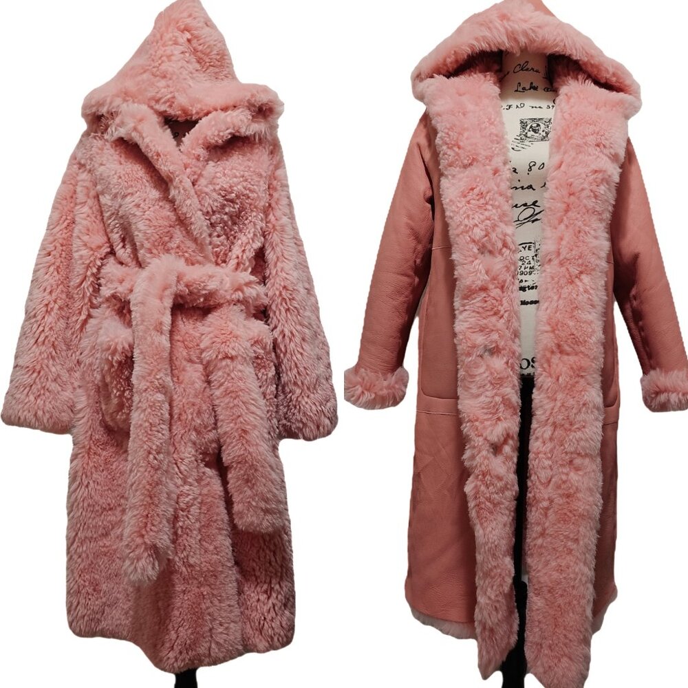 NewReal Lamb Fur Shearling Sheepskin Wrap Robe Coat Jacket Belt Hood Reversible